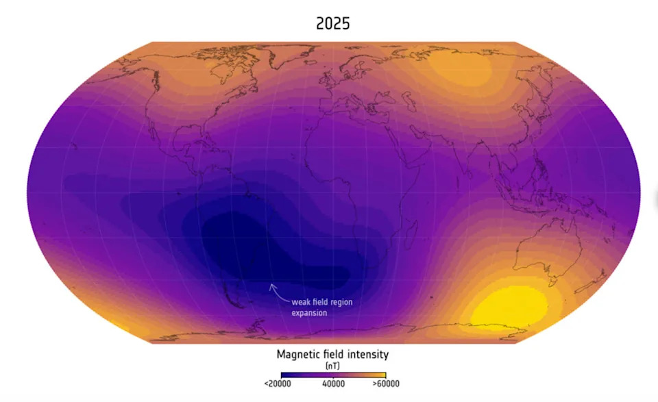 شذوذ جنوب المحيط الأطلسي في عام 2025. / الائتمان: وكالة الفضاء الأوروبية (مصدر البيانات: Finlay, CC et al., 2025)