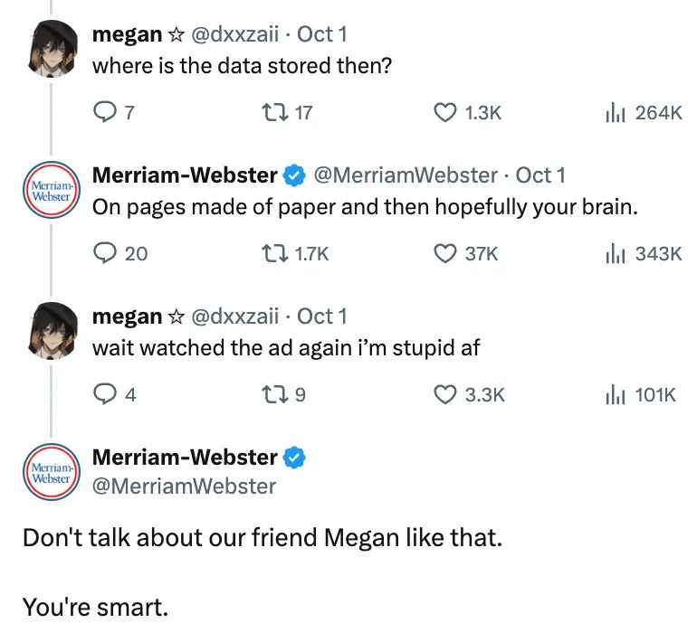 Twitter Exchange حيث تسأل ميغان عن تخزين البيانات ؛ Merriam-Webster تنزح حول تخزين البيانات على الورق والأدمغة ، ثم تطمئن Megan إنها ذكية
