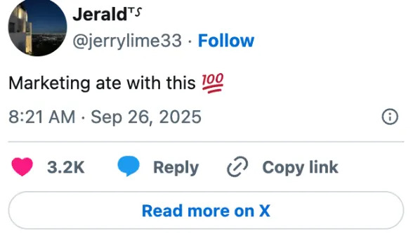 منشور على وسائل التواصل الاجتماعي بواسطة @jerrylime33 يقرأ ، "أكل التسويق مع هذا؟" مع الوقت والتاريخ أدناه. يحتوي المنشور على 3.2 كيلو متر.