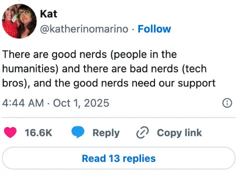 تغريدة بواسطة katherinomarino: "هناك مهوقين جيدون (العلوم الإنسانية) والمهكسين السيئين (BROS Tech) ، ويحتاج المهووسين الجيدون إلى دعمنا."