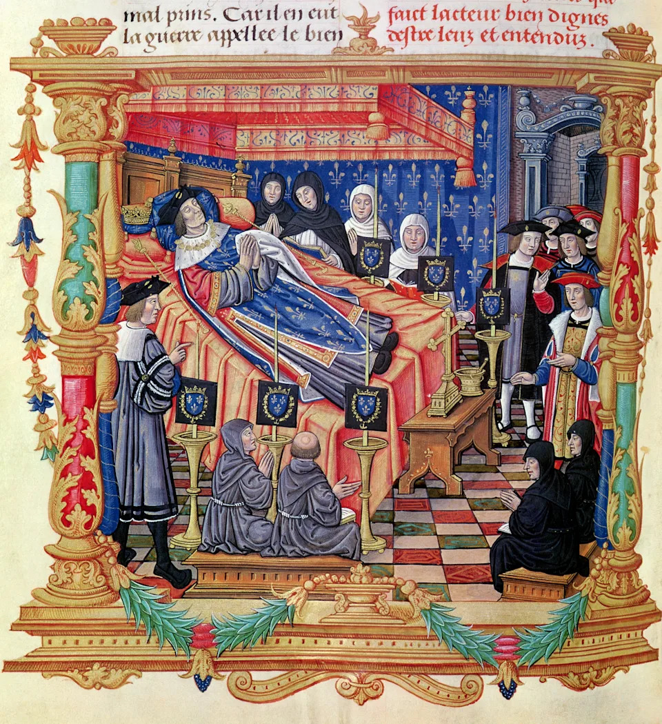 رسم توضيحي من العصور الوسطى لملك على فراش الموت، محاطًا برجال الدين والحاضرين في غرفة غنية بالديكور، مع كتابة لاتينية أعلاه