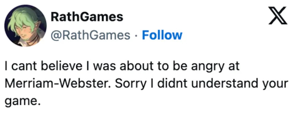 تغريدة من Rathgames تعبر عن مفاجأة واعتذار لسوء فهم لعبة Merriam-Webster
