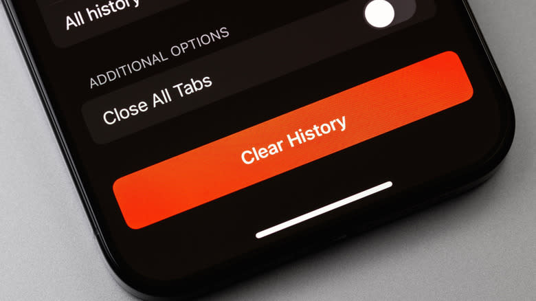 صورة مقربة لجهاز iPhone يعرض زر مسح السجل ضمن إعدادات Safari