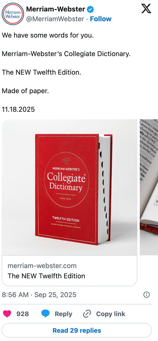 Merriam-Webster تعلن عن الطبعة الثانية عشرة من قاموسهم الجماعي ، التي تم إطلاقها في 18 نوفمبر 2025
