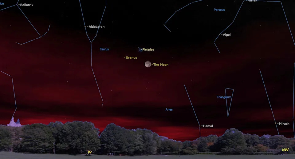 خريطة نجمية فوق سماء ليل محمرة تُظهر قمرًا مُسمى بالقرب من النقاط المُسمى للثريا وأورانوس في وسط الصورة.