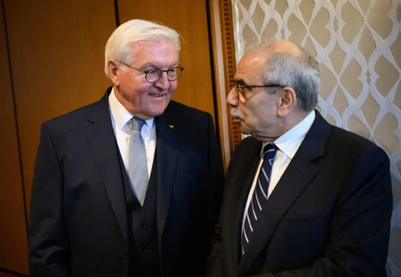 الرئيس الألماني فرانك فالتر شتاينماير (يسار) يجتمع مع رئيس الوزراء اللبناني نواف سلام في أحد الفنادق، بمناسبة حفل افتتاح المتحف المصري الكبير. بيرند فون جورتشينكا/ وكالة الأنباء الألمانية