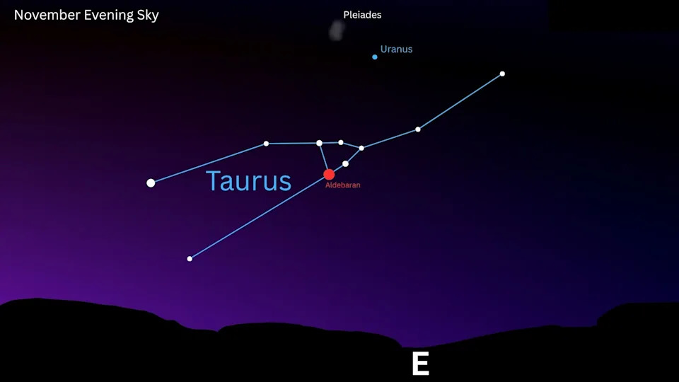 مخطط مكتشف يحاكي سماء الليل ليوم 21 نوفمبر، يُظهر موقع كوكب أورانوس أسفل يسار مجموعة نجوم الثريا، مع وجود كوكبة برج الثور بالأسفل، بالقرب من الأفق المظلل.