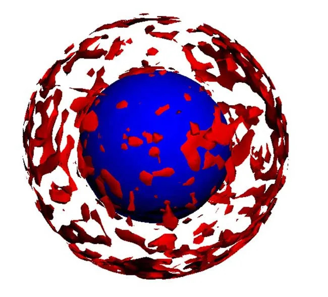 في أعماق النجم العملاق الأحمر، تظهر السحب الغنية بالهيدروجين (الأحمر) وهي تطفو فوق الغلاف المحترق للهيدروجين (الأزرق).