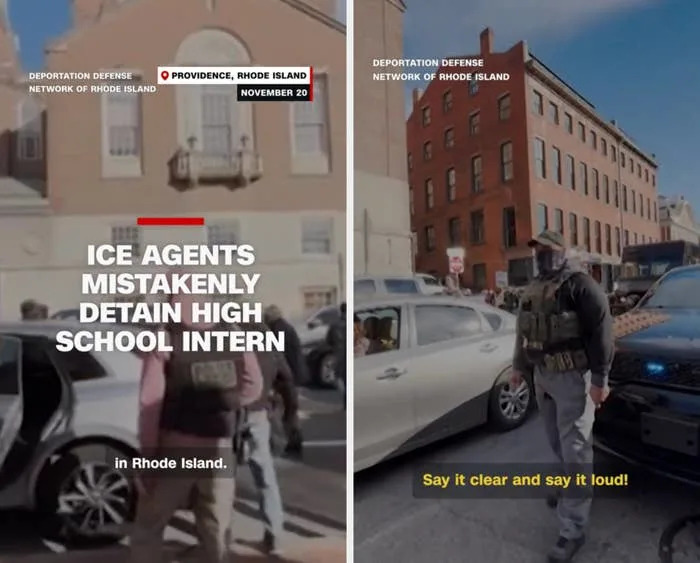 تنقسم الصورة إلى قسمين: على اليسار يظهر نص حول قيام عملاء ICE باحتجاز متدرب في مدرسة ثانوية في رود آيلاند. يُظهر اليمين وكلاء ICE؛ يقرأ النص، "قلها بوضوح وقلها بصوت عالٍ!"
