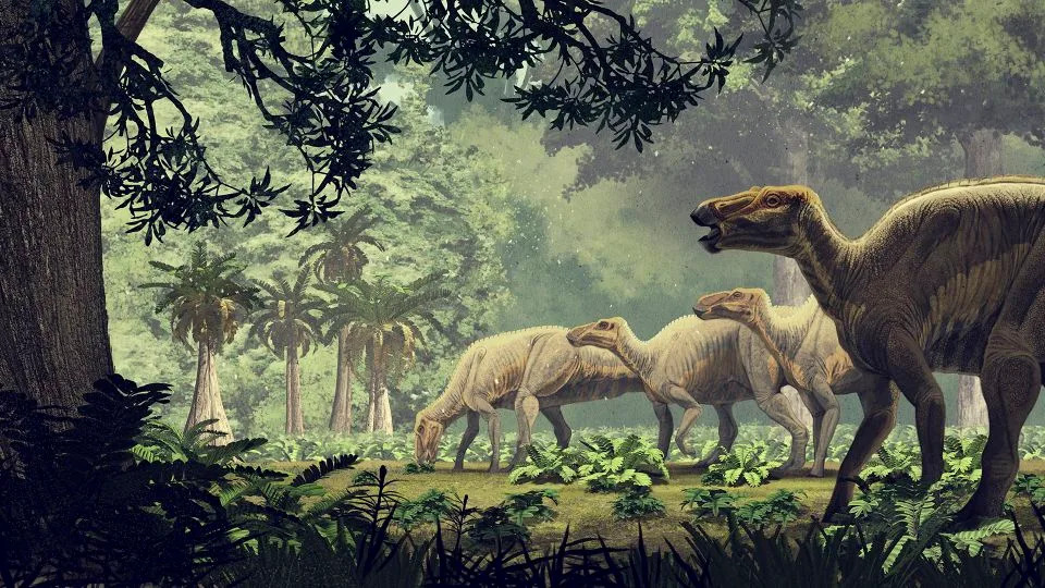 يُظهر الرسم التوضيحي Edmontosaurus annectens، وهو هادروصور من أواخر العصر الطباشيري في أمريكا الشمالية. - رومان جارسيا مورا / ستوكتريك إيماجيس / غيتي إيماجز