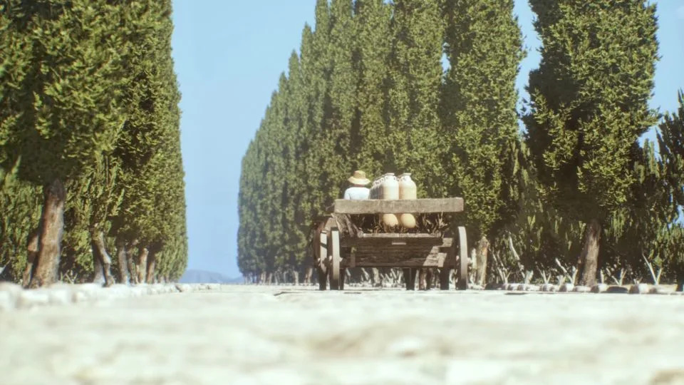 تنقل عربات الثيران أو حيوانات التعبئة الطعام عبر الطرق التي تربط المزارع بالمدن في صورة مقدمة من Itiner-e مأخوذة من رسم متحرك. - إيتينر-إي/أرتاس ميديا/مينيرفا