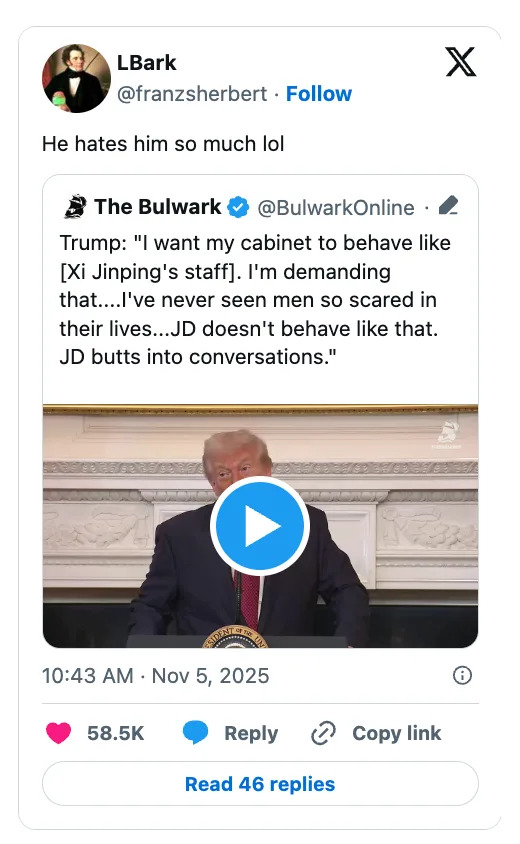 تغريدة @franzsherbert: تشير إلى رغبة ترامب في أن تحاكي حكومته طاقم عمل شي جين بينغ، معربًا عن عدم تصديقه لسلوك جي دي. يحتوي على احصائيات التفاعل