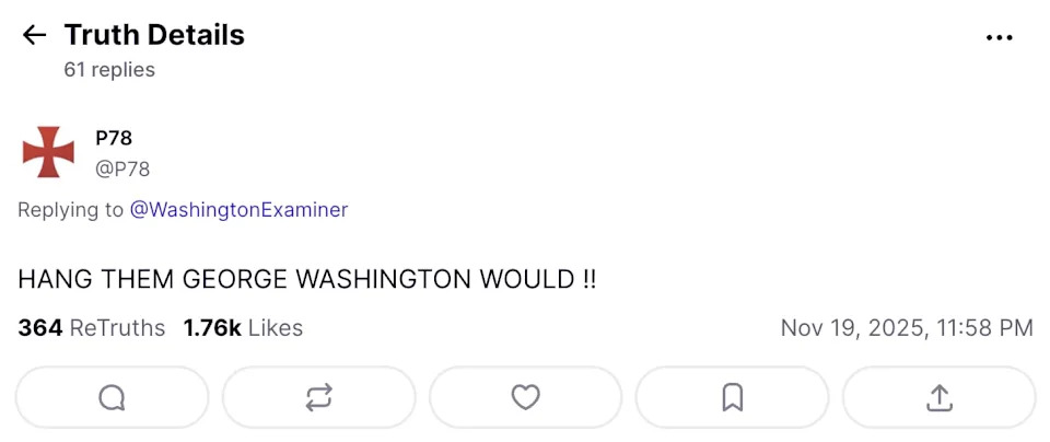 وأعاد ترامب نشر الدعوة العنيفة لإعدام أعدائه. / الحقيقة الاجتماعية