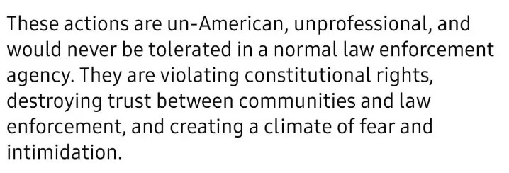 يناقش النص الإجراءات التي تنتهك الحقوق الدستورية، وتآكل الثقة في تطبيق القانون، وتعزيز الخوف والترهيب