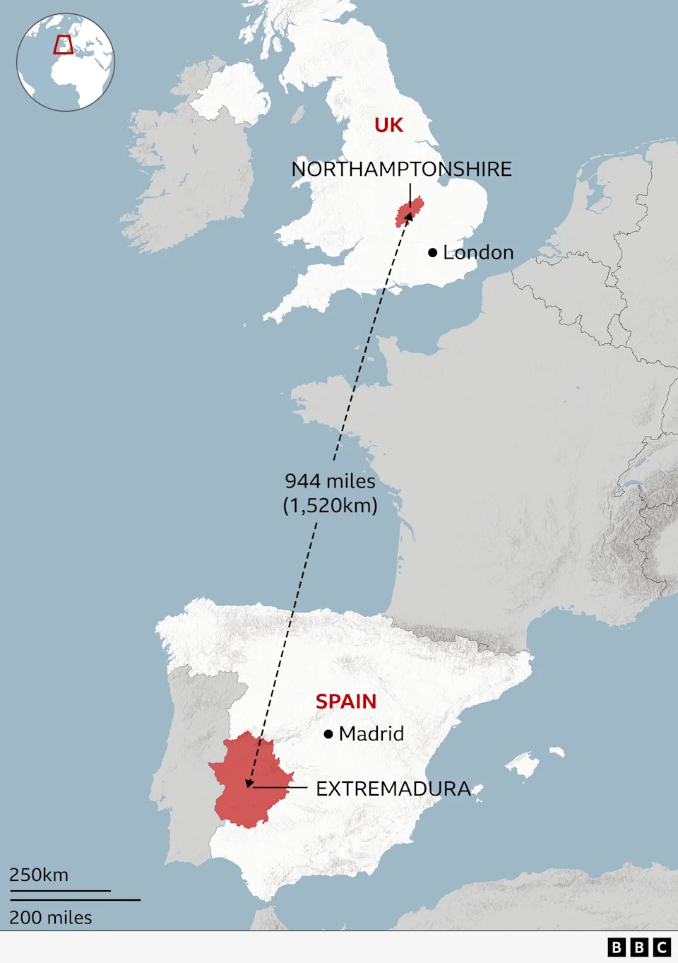 تُظهر الخريطة أنه تم جمع الكتاكيت من نورثهامبتونشاير في إنجلترا ونقلها إلى منطقة إكستريمادورا في جنوب غرب إسبانيا