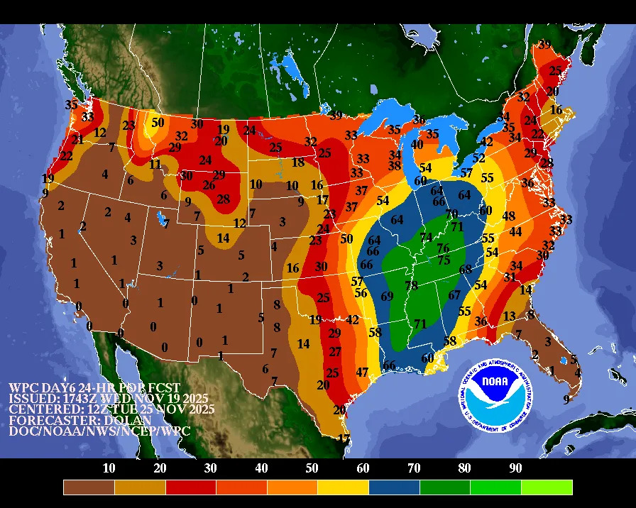في هذه الخريطة المتوقعة ليوم الثلاثاء 25 نوفمبر 2025، من المرجح هطول الأمطار في وادي المسيسيبي (باللون الأخضر)، حيث تصل فرصة هطول الأمطار إلى 78٪.