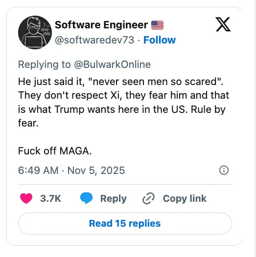 تغريدة كتبها @softwaredev73 تناقش تصورات شي وترامب وMAGA، مع ملاحظة ختامية سلبية قوية