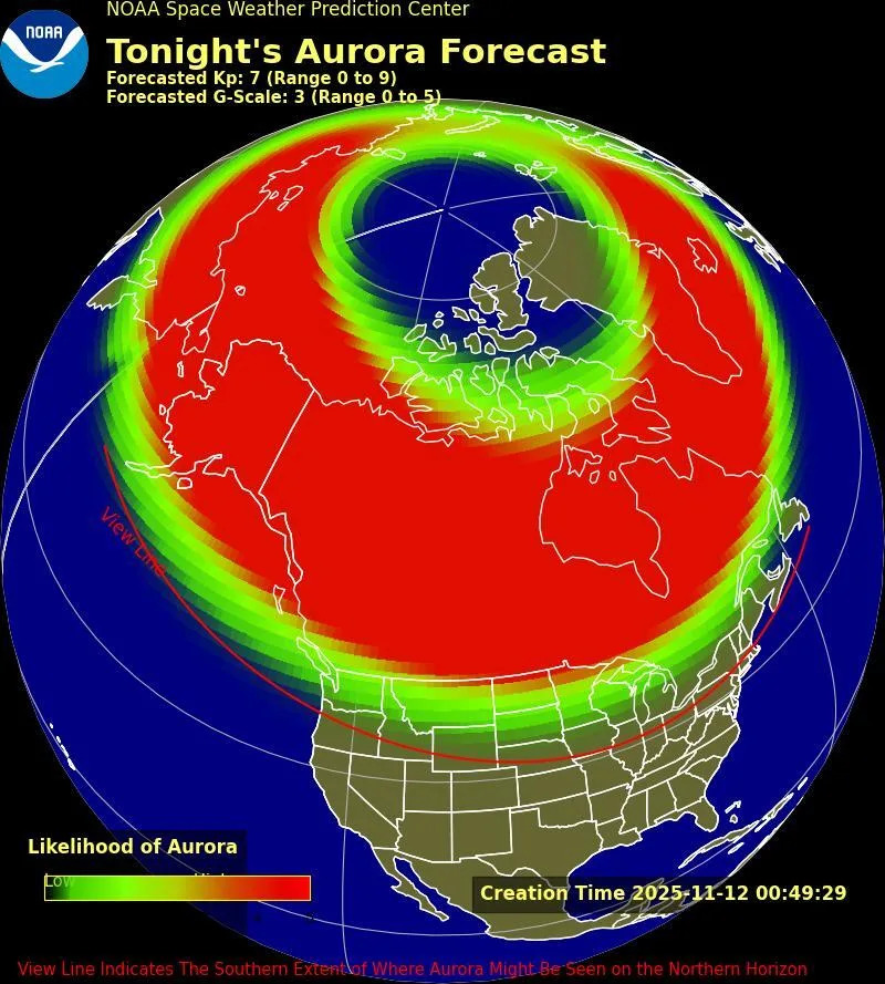 خريطة توقعات أورورا ليوم الثلاثاء 11 نوفمبر 2025. / الائتمان: NOAA / مركز التنبؤ بالطقس الفضائي