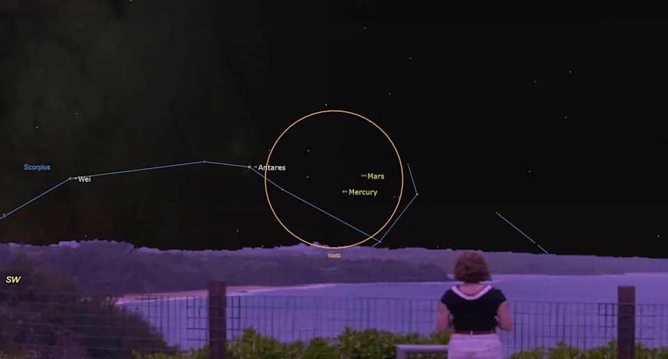 يظهر شخص في مقدمة صورة السماء ليلاً مع وجود دائرة برتقالية في المنتصف ونقطتين موسومتين تظهران عطارد والمريخ.