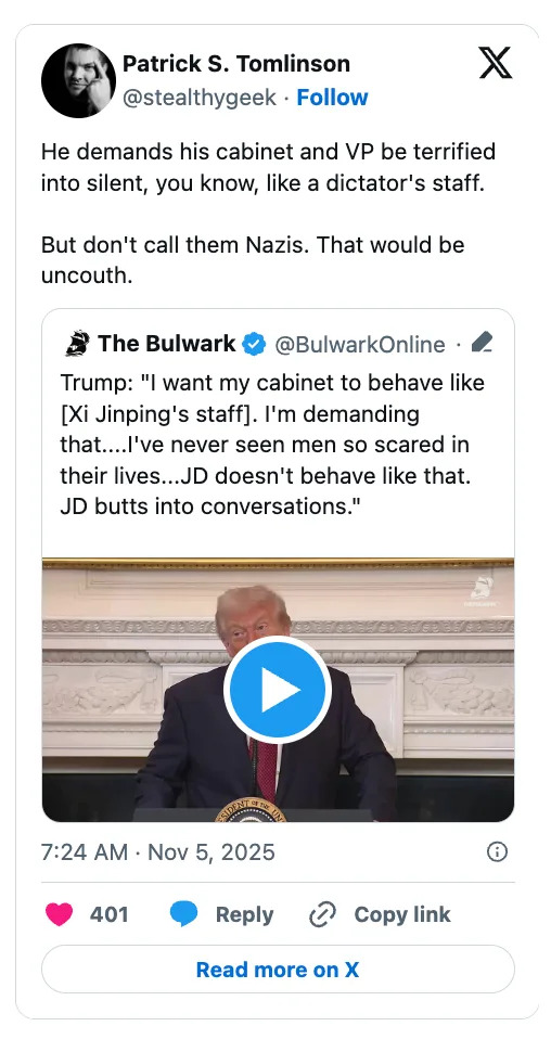 تغريدة باتريك س. توملينسون تعليقًا على تغريدة أخرى حول رغبة ترامب في أن تتصرف حكومته بشكل خاضع، مع ملاحظة ساخرة حول اللياقة