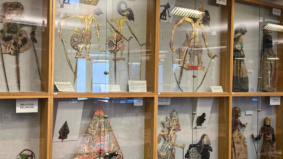 تماثيل ملونة، بعضها من إندونيسيا، في علبة عرض زجاجية. يتم فصل شاشات العرض الفردية بإطارات خشبية.