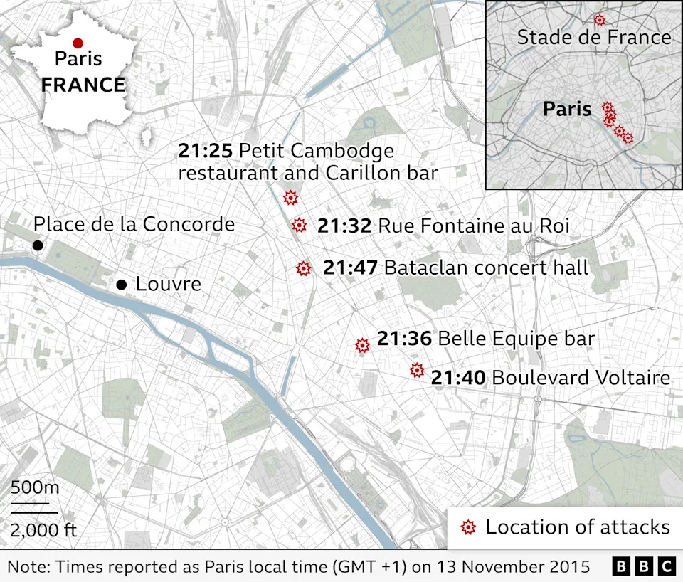خريطة توضح الجدول الزمني لهجمات 13 نوفمبر 2015