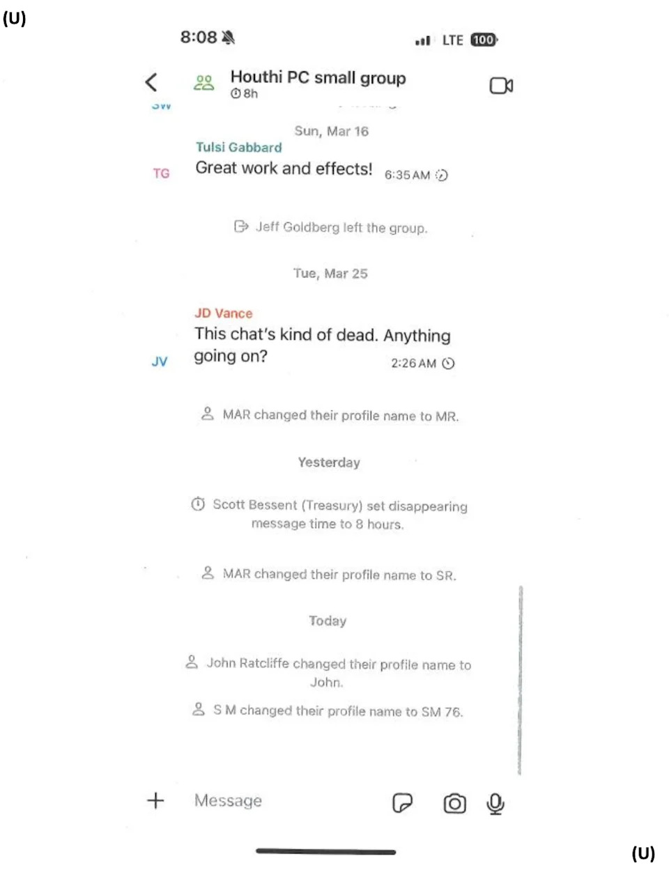 لقطة شاشة للهاتف تُظهر محادثة مع المشاركين لمناقشة تغييرات الأسماء وضبط وقت اختفاء الرسالة على 8 ساعات