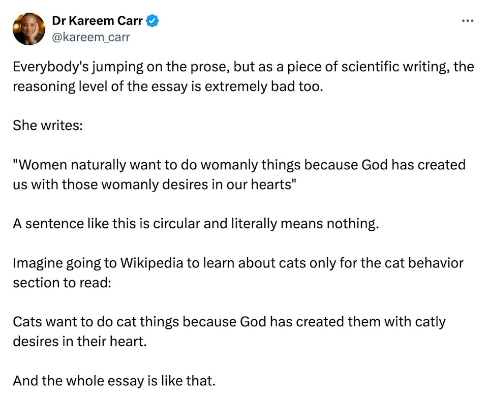 ملخص منشور على وسائل التواصل الاجتماعي للدكتور كريم كار ينتقد فيه مقالة عن الاستدلال الدائري مع مثال عن رغبات المرأة