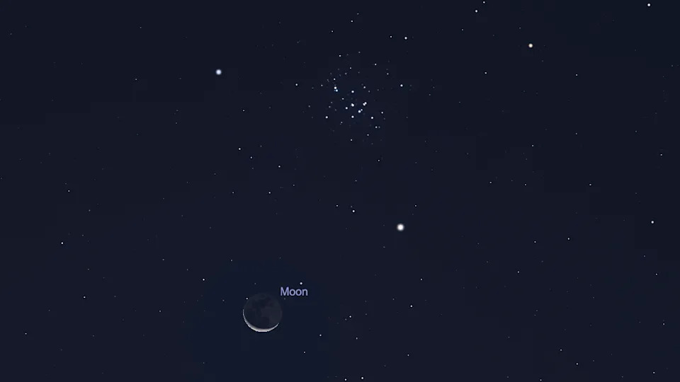 صورة سماء ليلية معنونة مع وجود القمر في الأسفل في الصورة أمام سماء ليل زرقاء داكنة مع سلسلة من النقاط البيضاء في أعلى الصورة لمجموعة Beehive Cluster