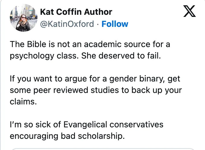منشور بقلم كات كوفين ينتقد استخدام الكتاب المقدس في الأوساط الأكاديمية ويحث على إجراء دراسات خاضعة لمراجعة النظراء للادعاءات المتعلقة بالثنائية بين الجنسين