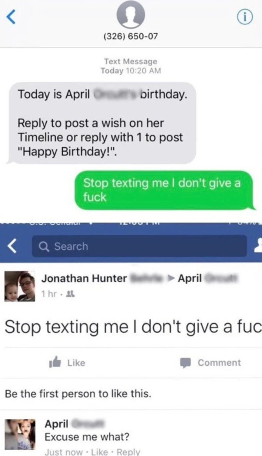 محادثة نصية حيث يرد أحد الأشخاص باستخفاف على رسالة تذكير بعيد ميلاده، يتبعها تعليق مستهجن مماثل على فيسبوك