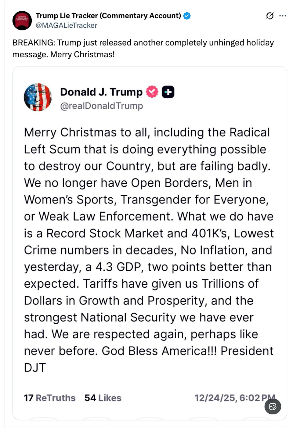 ملخص التغريدة: رسالة تنتقد القضايا السياسية، وتدعي النجاح الاقتصادي، وتتضمن تحية بمناسبة العيد من دونالد ترامب
