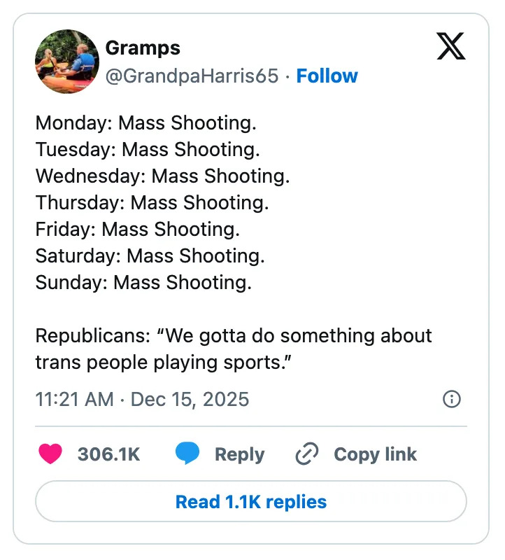 تغريدة تسرد عمليات إطلاق النار الجماعية يوميًا، وتنتقد التركيز على الرياضات المتحولة جنسيًا من قبل الجمهوريين