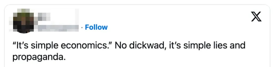 تغريدة من قبل المستخدم "بري" قائلاً، "إنه اقتصاد بسيط." لا داعي للغش، إنها مجرد أكاذيب ودعاية