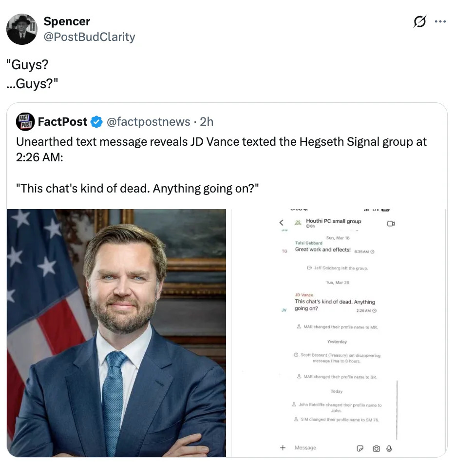 لقطة شاشة لتغريدة تظهر منشورًا إخباريًا حول رسالة من جي دي فانس يناقش مجموعة دردشة هادئة، مع صورة لرجل يرتدي بدلة بالأعلى