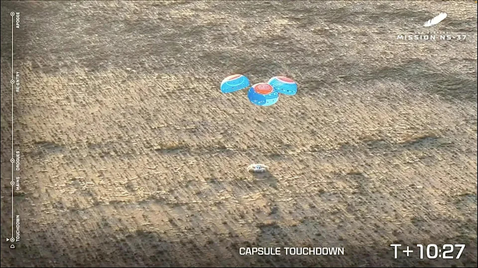 وهبطت كبسولة نيو شيبرد بعد حوالي 10 دقائق ونصف من الإقلاع. / الائتمان: علبة ويب بلو أوريجن