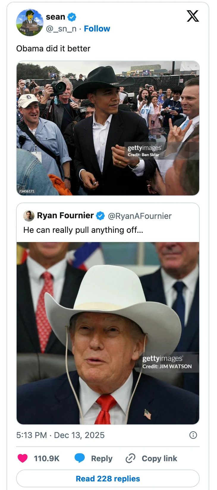 يقارن منشوران على وسائل التواصل الاجتماعي بين ارتداء أوباما وترامب قبعات رعاة البقر في المناسبات العامة