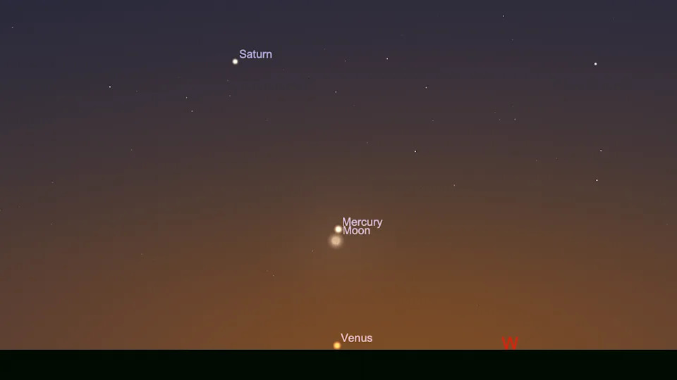 خريطة سماء الليل مُسمى تظهر نقاط متوهجة للقمر وعطارد (كلاهما مُسمى) في وسط سماء الليل باللون البرتقالي والأرجواني