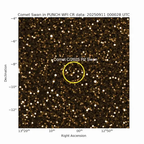 يظهر خط من الضوء الأبيض وسط صورة ذهبية مرصعة بالنجوم في الفضاء السحيق