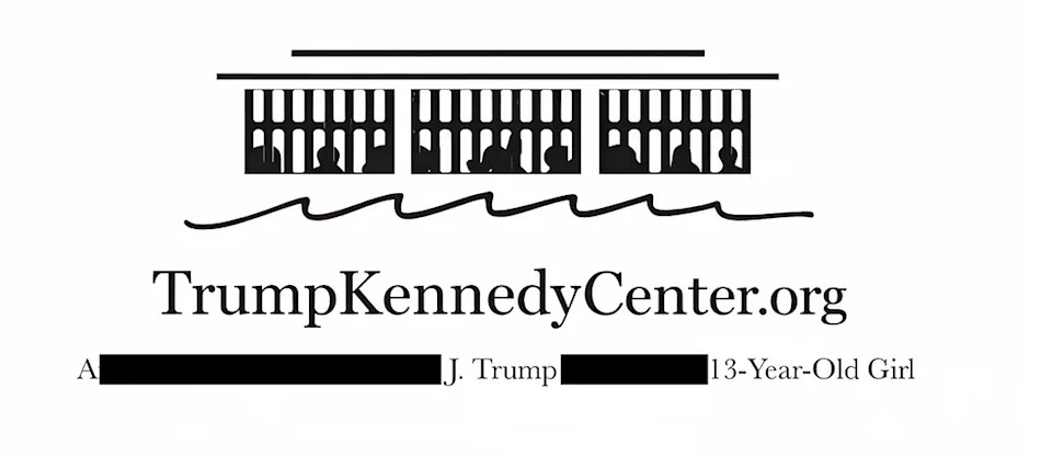 شعار نصي لموقع TrumpKennedyCenter.org مع إشارات إلى جيه ترامب وفتاة تبلغ من العمر 13 عامًا