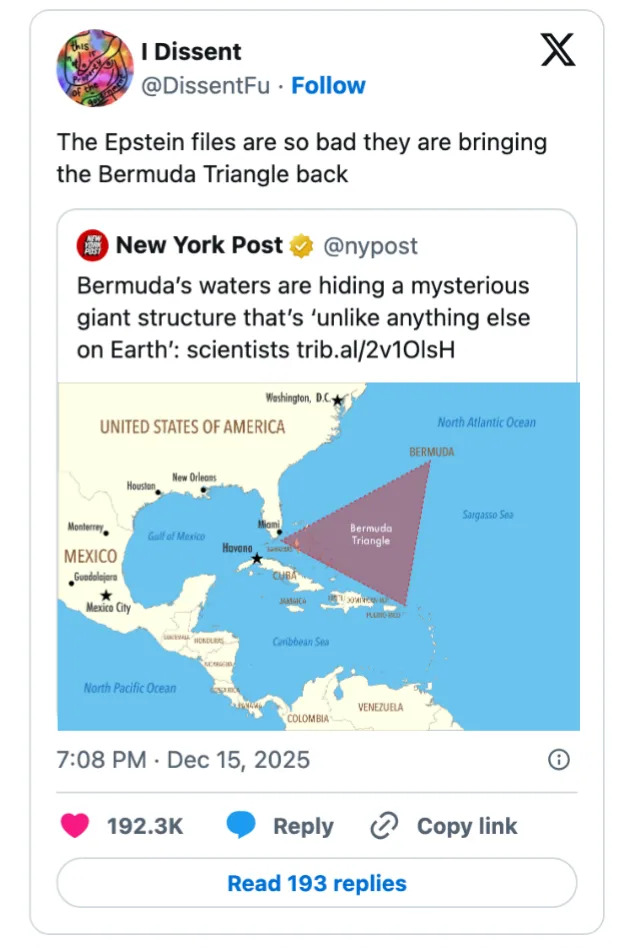 منشورات على وسائل التواصل الاجتماعي تمزح حول ملفات إبستاين التي تعيد مثلث برمودا؛ يتضمن خريطة تسلط الضوء على موقع برمودا