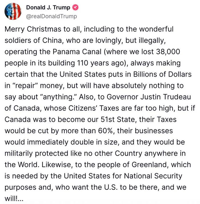 ملخص تغريدة نصية طويلة لدونالد ترامب يناقش فيها الصين وكندا فيما يتعلق بالقضايا الاقتصادية والأمنية