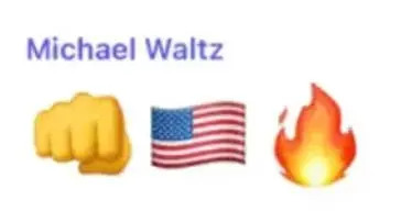 نص "مايكل والتز" مع قبضة اليد وعلم الولايات المتحدة الأمريكية والنار الرموز التعبيرية