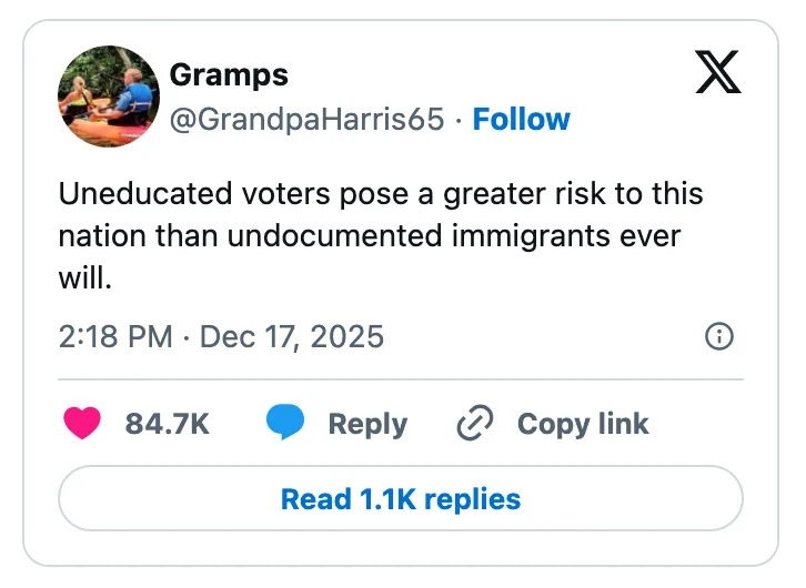 يشير منشور على وسائل التواصل الاجتماعي بواسطة @GrandpaHarris65 إلى أن الناخبين غير المتعلمين يشكلون خطرًا أكبر على الأمة من المهاجرين غير المسجلين