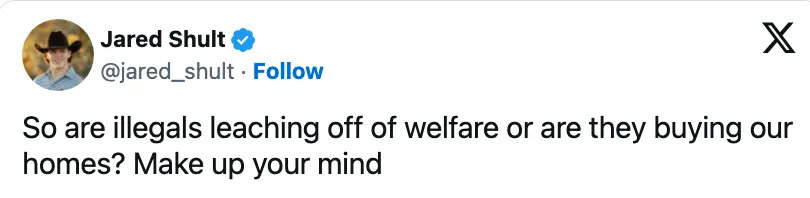تغريدة تشكك في ادعاءات متناقضة حول المهاجرين غير الشرعيين الذين يحصلون على الرعاية الاجتماعية ويشترون المنازل