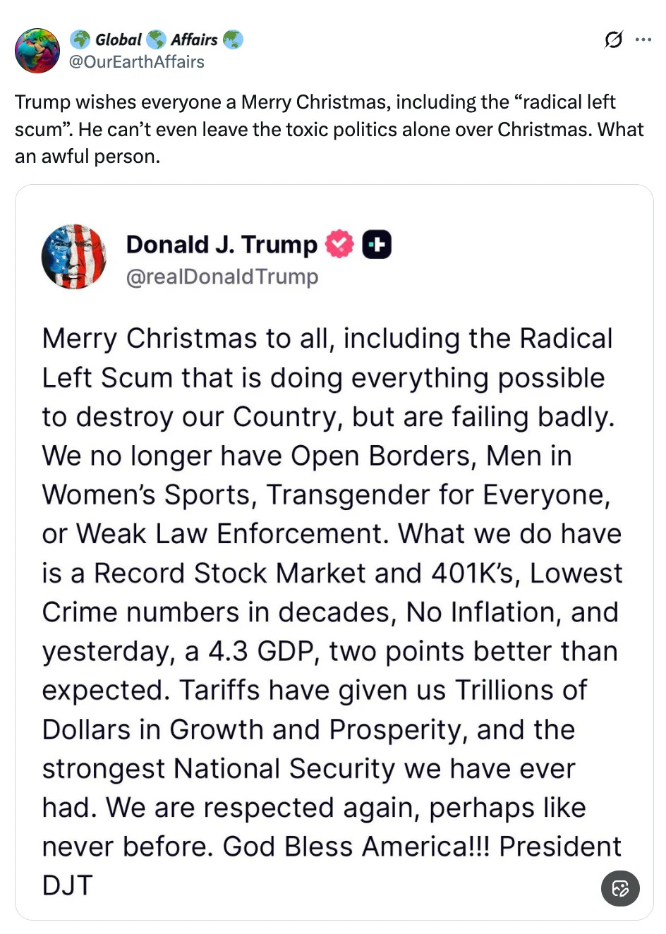 تغريدة لدونالد ترامب يتمنى فيها عيد ميلاد سعيد "حثالة اليسار الراديكالي" ومناقشة قضايا الحدود والاقتصاد والجيش والأمن القومي