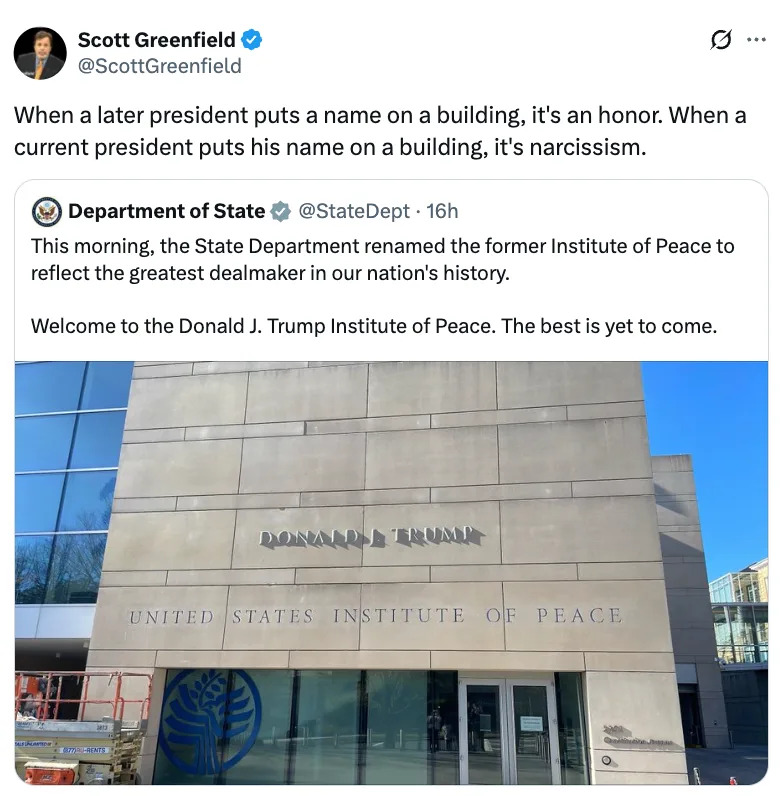 صورة للمبنى مع "دونالد ج. ترامب معهد الولايات المتحدة للسلام" عليه. تعليقات على تويتر حول تسمية المباني بأسماء الرؤساء