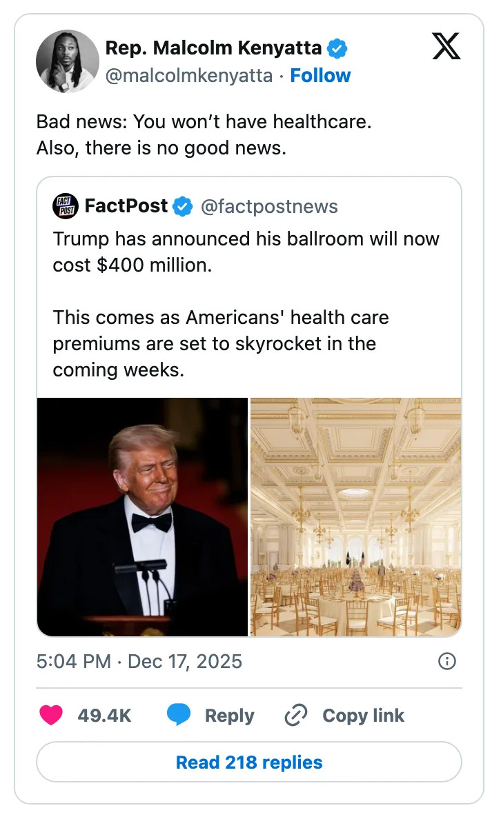 تغريدة النائب مالكولم كينياتا تسلط الضوء على مقال إخباري لـ FactPost: "قاعة ترامب ستكلف 400 مليون دولار. أقساط الرعاية الصحية سوف ترتفع قريبا."