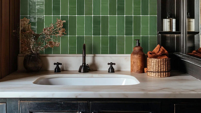منضدة حمام مع سطح من الكوارتزيت وبلاط باكسبلاش مصنوع من بلاط الزليج الأخضر.