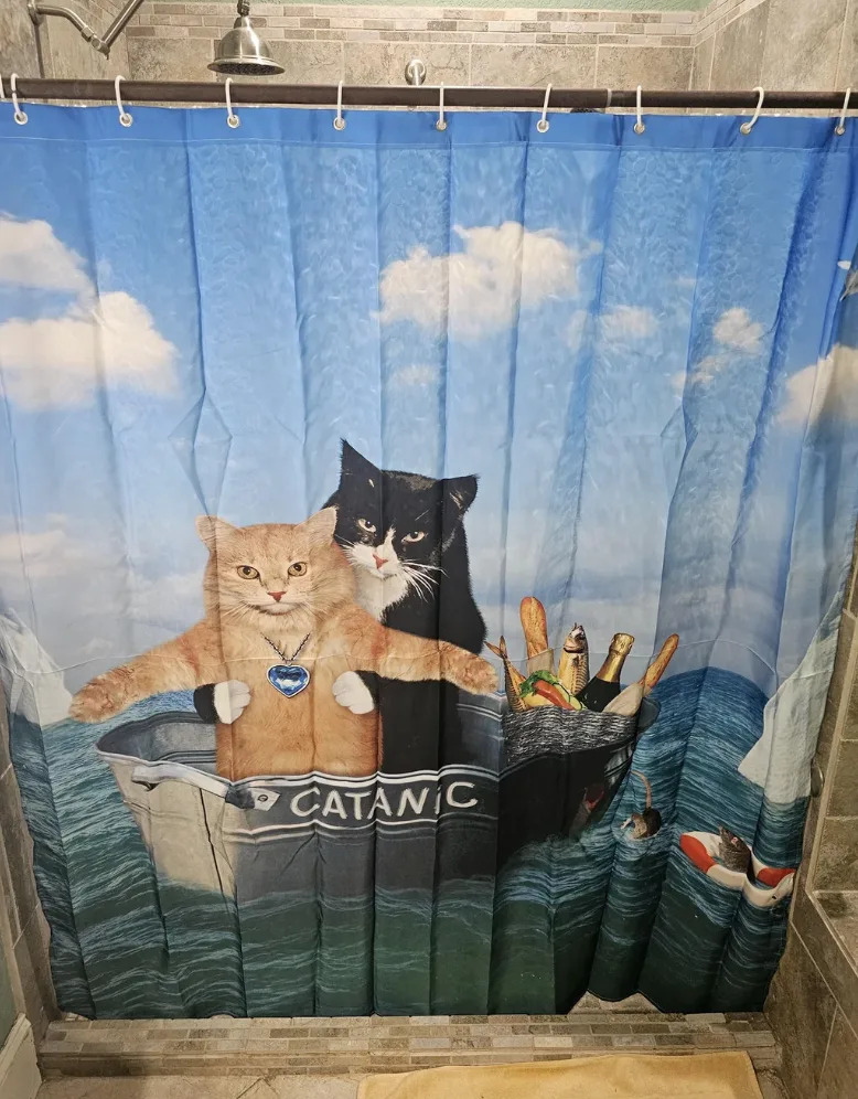 ستارة دش تظهر قطتين في قارب صغير مُسمى "كاتانيك," محاكاة ساخرة لـ تيتانيك، مع الكفوف على القوس على خلفية المحيط